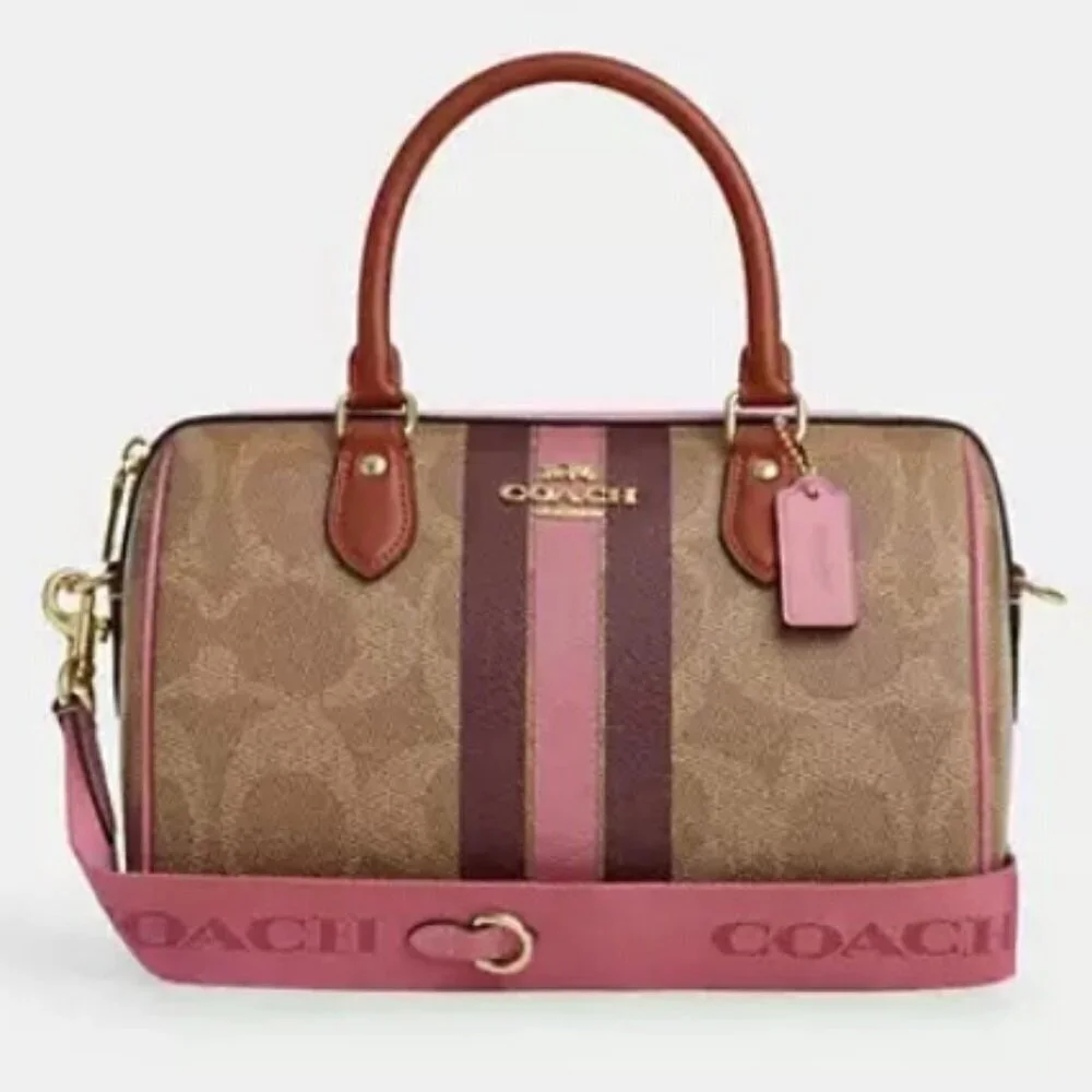 💕COACH💕 Rowan Satchel Bag ~ Signature Canvas Stripe Print Pink NWT